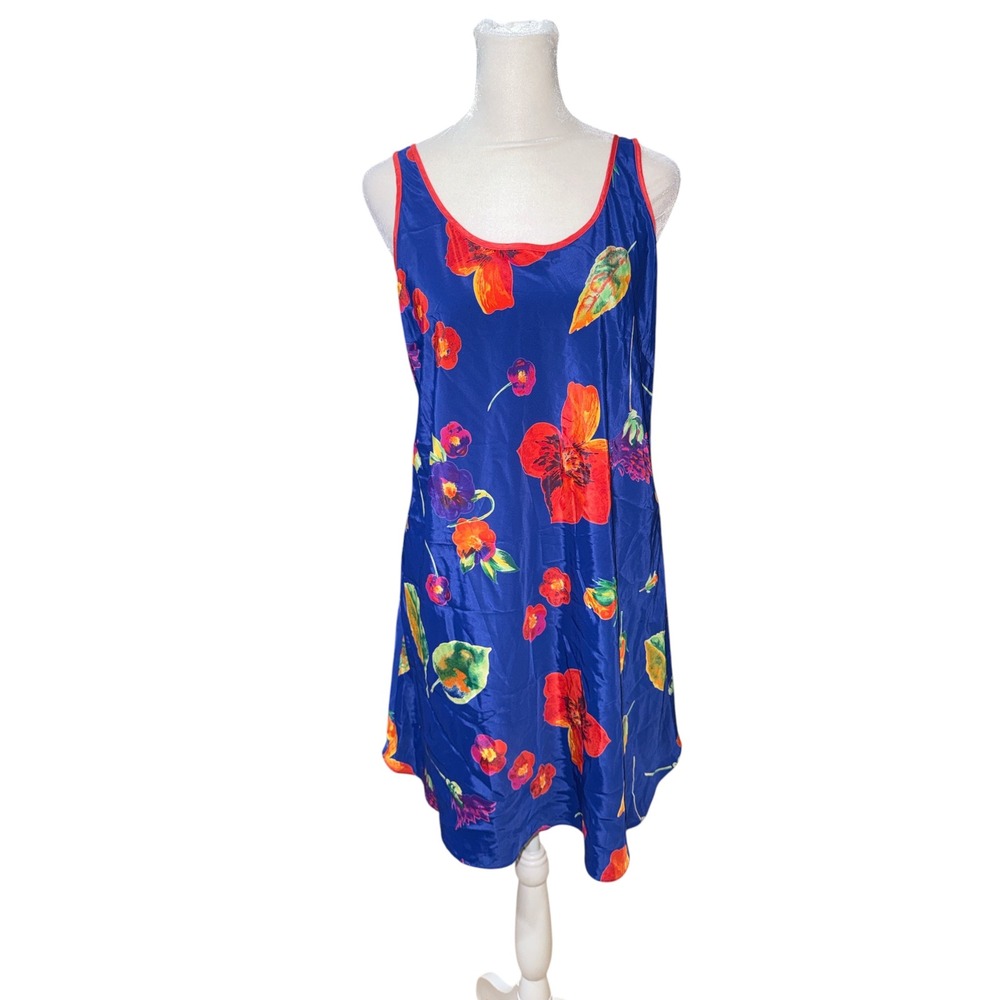 Natorious by Natori Blue Floral Satin Sleep Chemise Nightgown Medium
